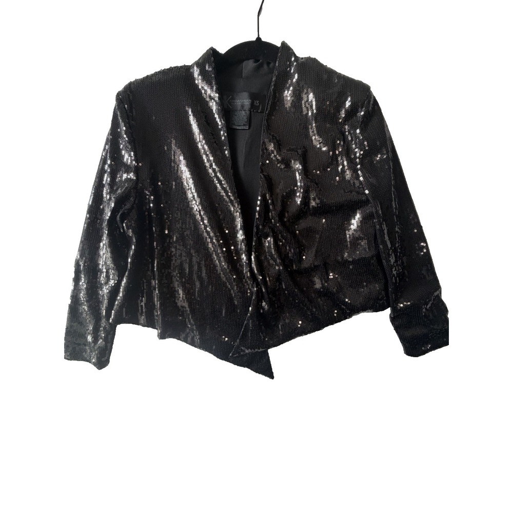 Kardashian Kollection Black Sequin Blazer XS Cropped Open Front Jacket
